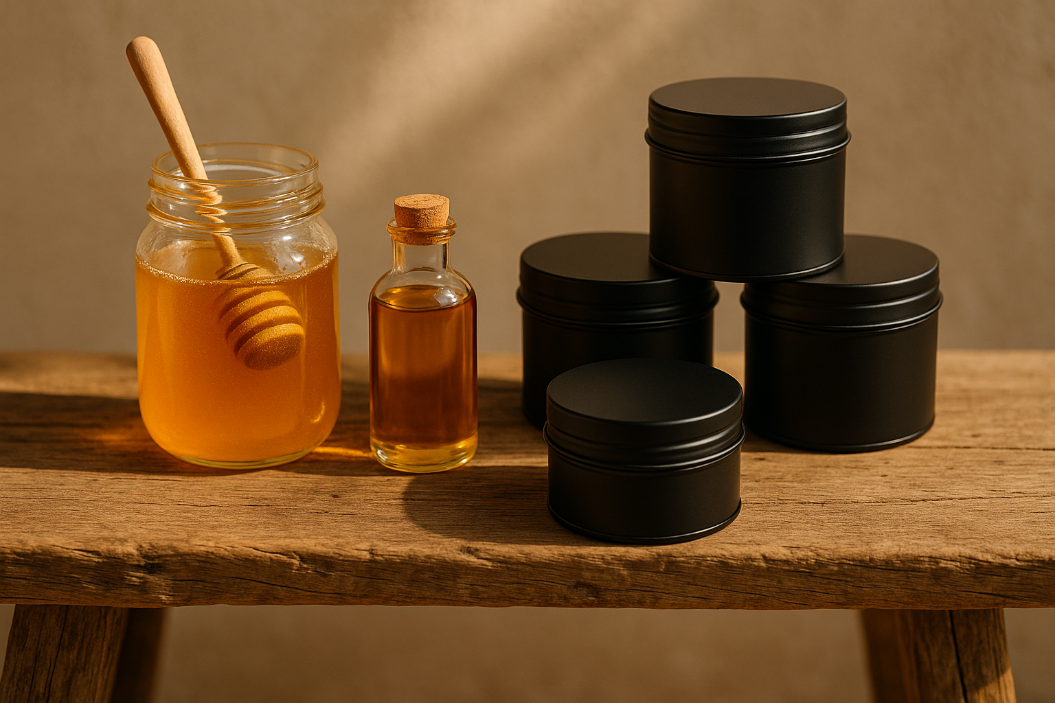 honey and Macadamia oil on a rustic wooden bench nect to black unlabelled 100nl tins