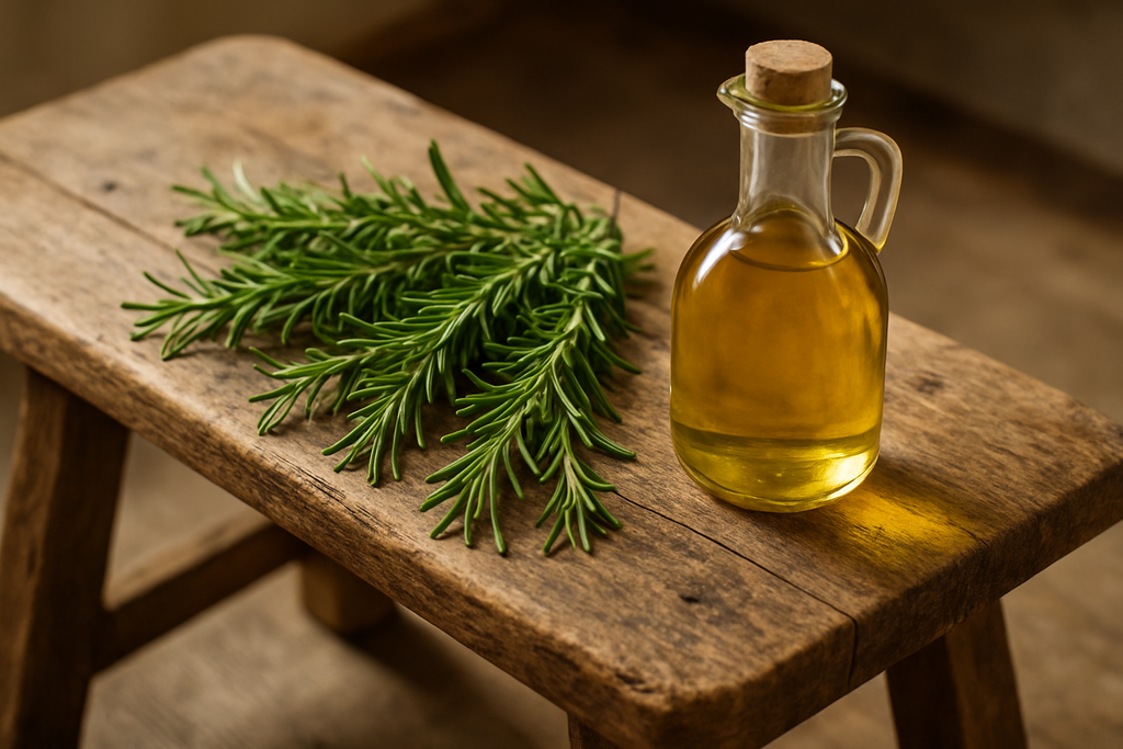 rosemary and olive oil on a rustic wooden bench